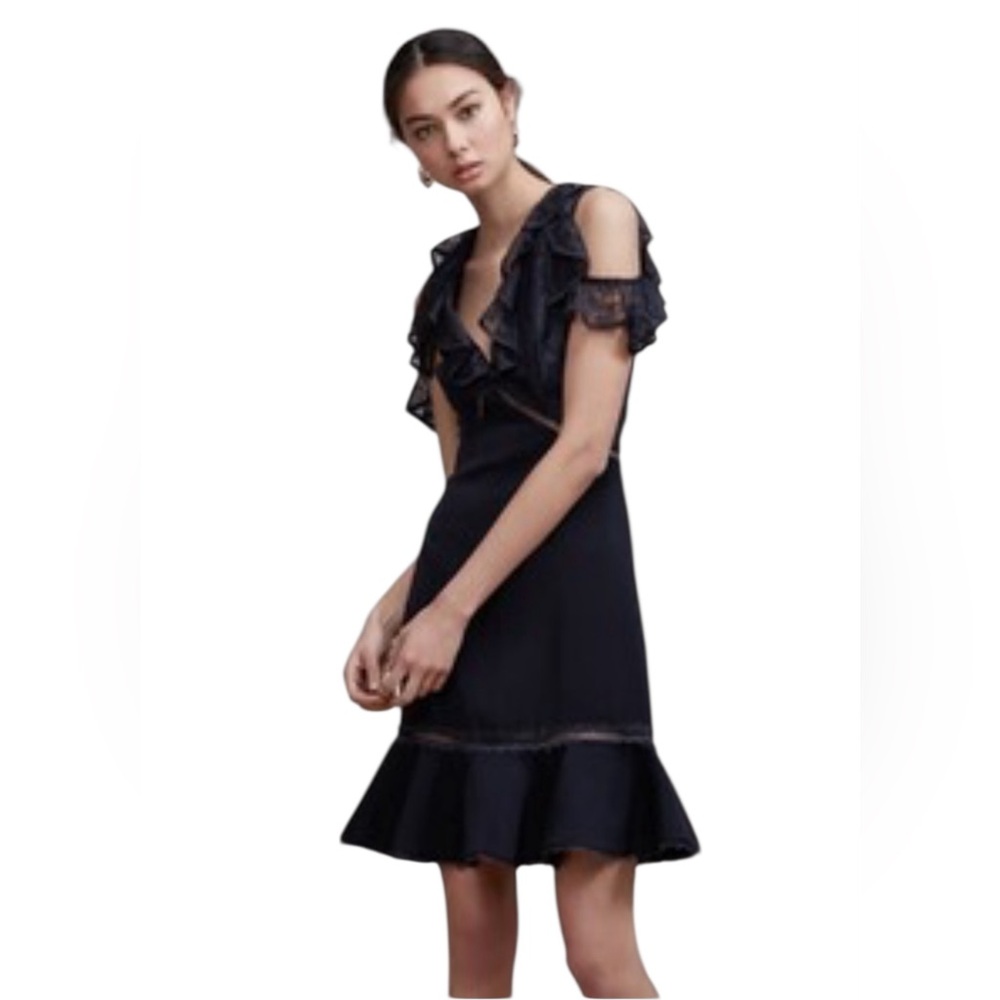 KEEPSAKE the Label Navy Cold Shoulder Lace Bodice Ruffle Mini Dress